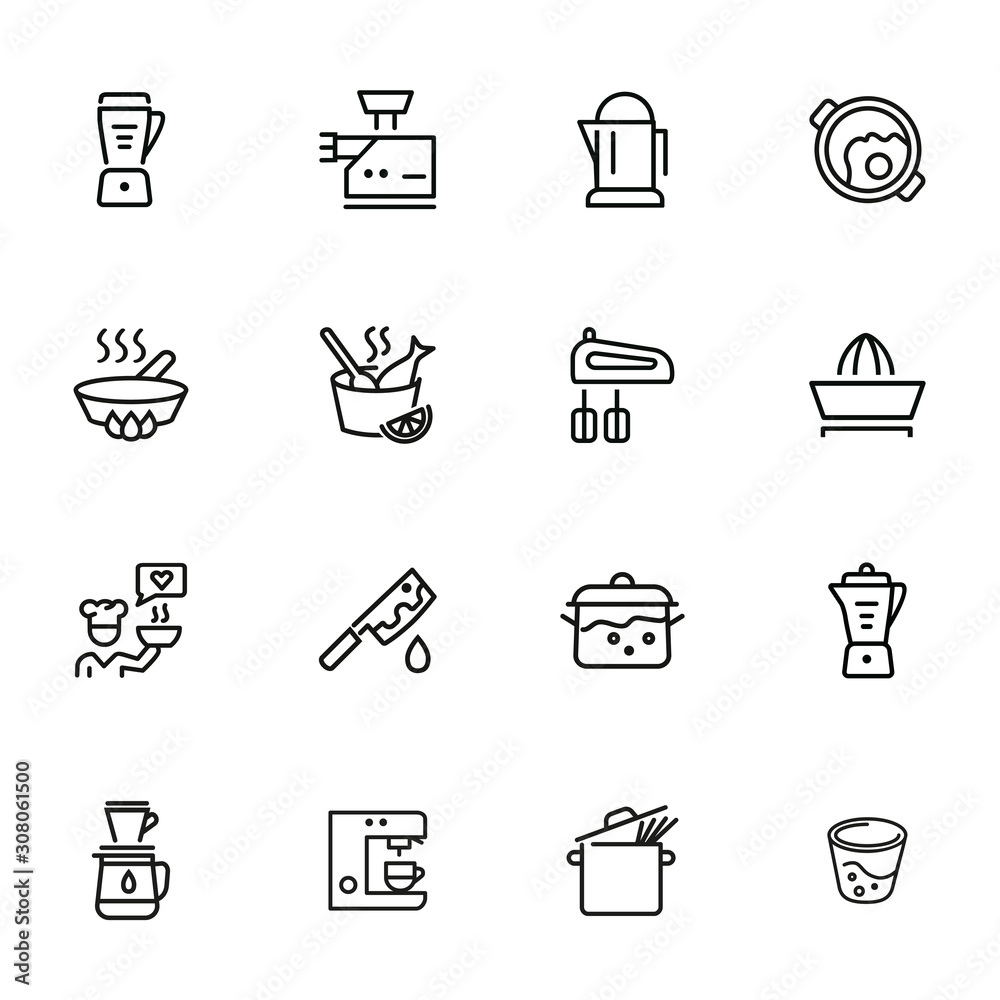 Wall mural Kitchen tools line icon set. Set of line icons on white background. Knife, juicer, frying pan. Cooking concept. Vector illustration can be used for topics like kitchen, cooking, food, household