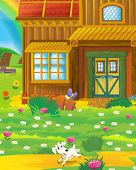 Cartoon farm scene with animal goat having fun on the farm ranch - illustration for children