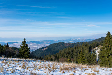 View from the top of the mountain at early winter in the Carpathian mountains.