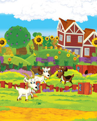 Cartoon farm scene with animal goat having fun on the farm ranch - illustration for children