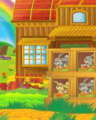 Cartoon farm scene with animal rabbit having fun on the farm ranch - illustration for children