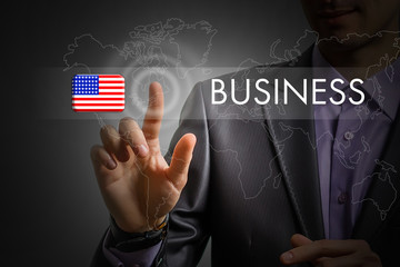 United States of America Business concept. Man pressing virtual button with flag icon