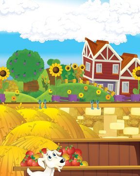 Cartoon farm scene with animal goat having fun on the farm ranch - illustration for children