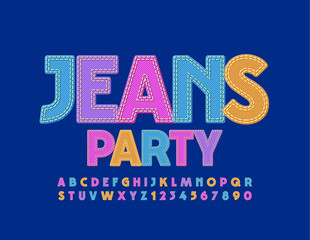 Vector colorful poster Jeans Party. Bright denim Alphabet Letters and Numbers. Textile style Font