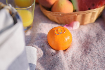 tangerine closeup Wedding rings on tangerine. newlyweds. picnic wedding