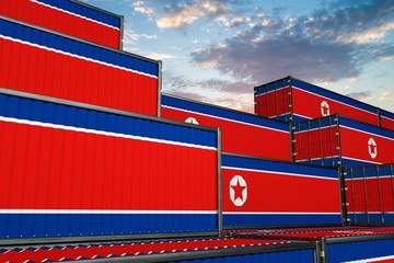 3D illustration Container terminal full of containers with flag of North Korea