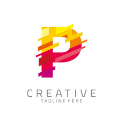 colorful letter P tech logo design vector with pixel/glitch motion concept. multimedia, technology, digital, innovation company symbol icon