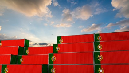 3D illustration Container terminal full of containers with flag of portugal