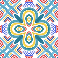 Antique portuguese tiles. Blue Azulejos ceramic. Spanish pottery..Sicily italian majolica. Vintage ethnic background . Mediterranean watercolor seamless wallpaper. Moroccan ornaments in indigo color