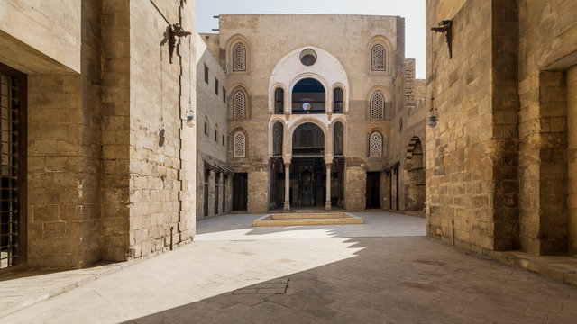 Main Iwan at courtyard of public historic mosque of Sultan Qalawun, Moez Street, Cairo, Egypt