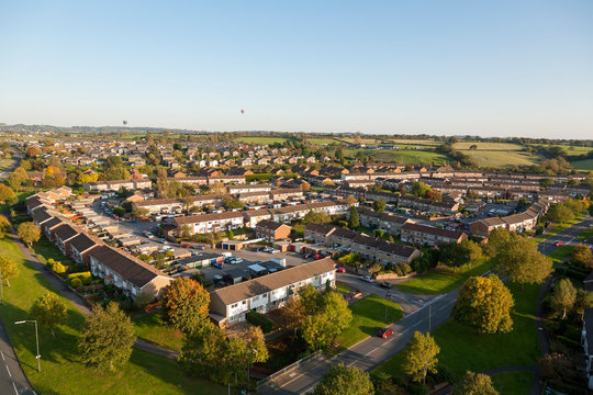 Aerial view of houses in Yate, South Gloucestershire, England, UK.