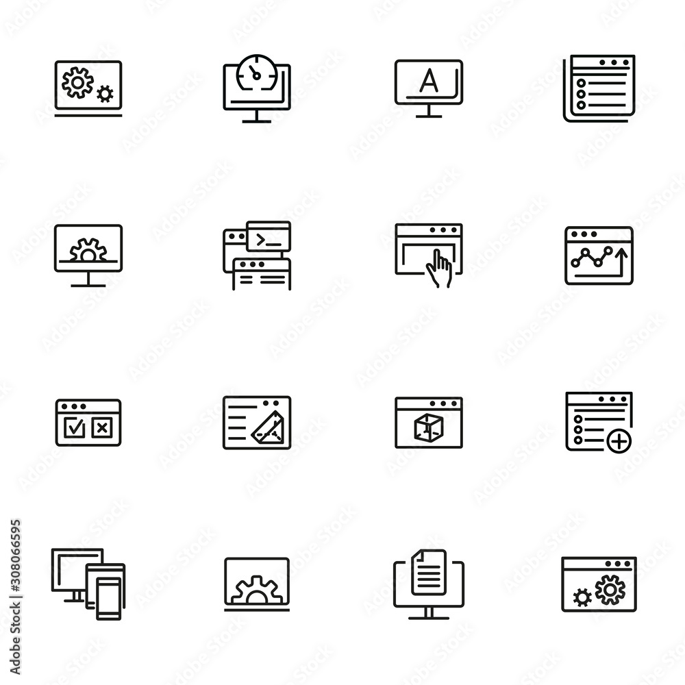 Poster web technology line icon set. information, browser, connection. programming concept. can be used for