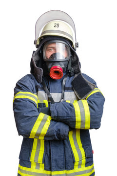 young firefighter in uniform in protective breathing mask on his head. Isolated on white background
