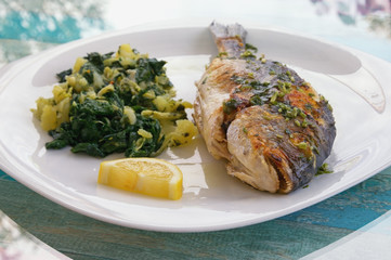 Balkan cuisine. Grilled fish ( sea bream ) with green leafy vegetables on white plate