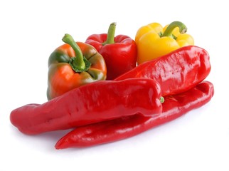 red,yellow and green fruits of pepper vegetable close up