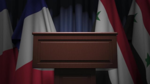 Flags of Syria and France and tribune, 3D animation
