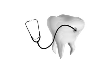  Tooth on a white background, stethoscope, dental implantation, prosthetics, 3D illustration