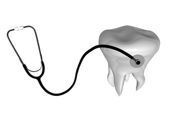  Tooth on a white background, stethoscope, dental implantation, prosthetics, 3D illustration