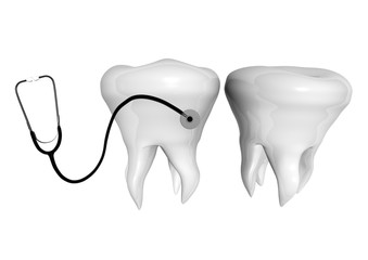  Tooth on a white background, stethoscope, dental implantation, prosthetics, 3D illustration