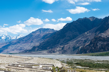 Ladakh, India - Jul 22 2019 - Beautiful scenic view from Panamik Village in Nubra Valley, Ladakh, Jammu and Kashmir, India.