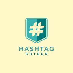Hashtag shield logo design vector, showing shield icon with hashtag icon, for college, education, academy, group, etc