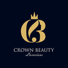 Obraz premium Initial C B royal beauty queen woman face with crown logo design vector, showing initial C B with lady face on negative space with crown