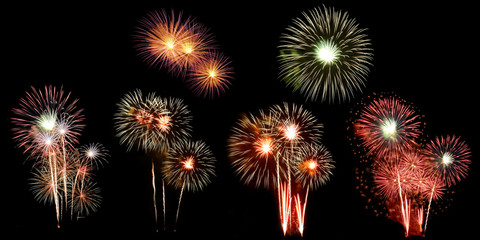 Multi colored fireworks with 6 shapes on a black background. New Year Celebration Festival