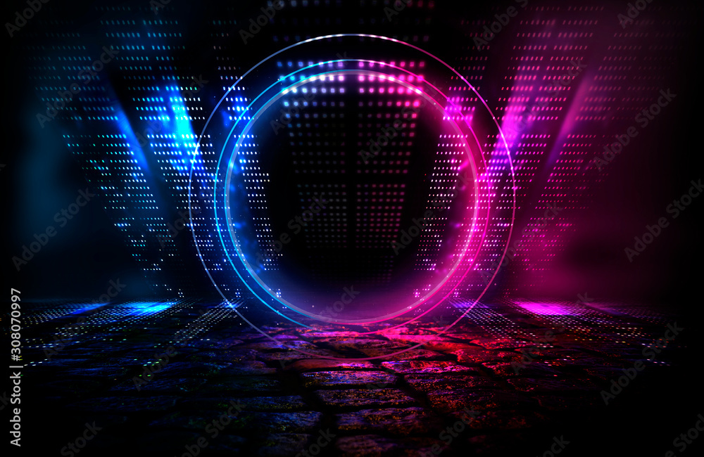 Canvas Prints empty background scene. dark street reflection on wet asphalt. rays of neon light in the dark, neon 