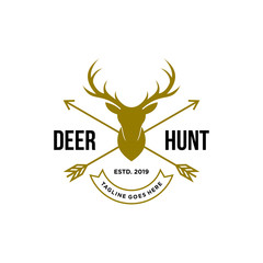 deer hunter logo, badge, emblem, label design template. vector illustration of deer head silhouette and arrow. hunter club, deer hunting symbol icon