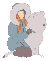 Girl wearing winter clothes and seatting with dog