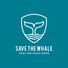 line art whale and shield logo design vector template illustration. save the whales, save the ocean, whale protection symbol icon