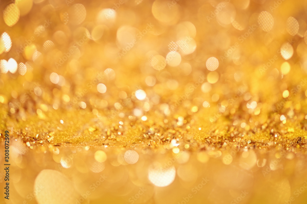 Poster Abstract Gold Glister bokeh Background Christmas lights ,Abstract Blurred Bokeh Holiday festive background made with new year backdrop