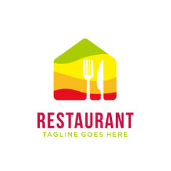 fresh colorful restaurant logo design template. vector illustration of fork and knife icon on home, house icon. cooking, Cafe, bar, food court symbol icon