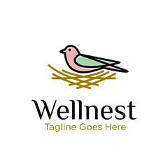 modern line art, linear, outline bird and nest logo design vector. universal brand template illustration