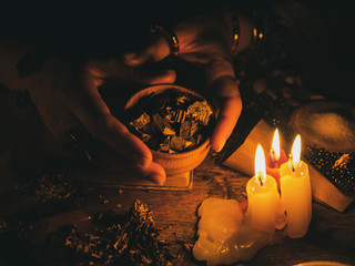 In the hands of the witches roots from plants for divination. The light from the candles on the old...