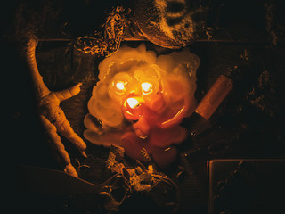 Chicken foot and other magical attributes for various rituals and divination. The melted candle...