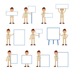 Big set of businessman characters posing with different blank banners. Cheerful businessman holding paper, poster, placard, pointing to whiteboard. Teach, advertise, promote. Flat vector illustration