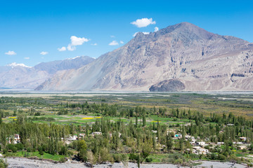 Ladakh, India - Jul 23 2019 - Beautiful scenic view from Diskit monastery in Ladakh, Jammu and Kashmir, India.