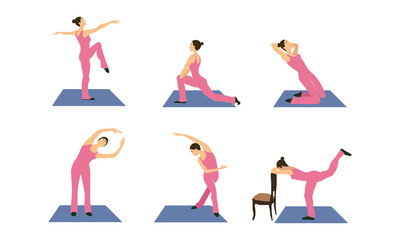 Fototapeta na wymiar Workout girl set. Woman doing fitness and yoga exercises. Full body workout.