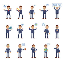 Set of businessman characters showing different actions. Cheerful businessman holding map, banner, loudspeaker, beer mug, karaoke singing, dancing and doing other actions. Flat vector illustration
