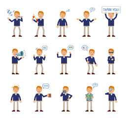 Set of businessman characters showing different actions. Cheerful businessman holding map, banner, loudspeaker, beer mug, karaoke singing, dancing and doing other actions. Flat vector illustration