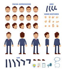 Businessman character creation set. Various gestures, emotions, diverse poses, views. Create your own pose, animation. Flat design vector illustration