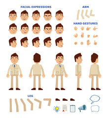Businessman character creation set. Various gestures, emotions, diverse poses, views. Create your own pose, animation. Flat design vector illustration