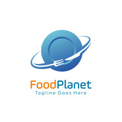 unique food planet logo design vector illustration. consisting of a plate, fork and knife icon as the planet. restaurant, Cafe, food and drink symbol icon