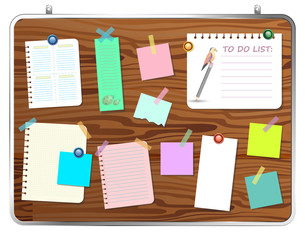 Wall wooden board in a metal frame for reminders. Vector realistic illustration of a set of notes with curled corners and shadows with place for text.