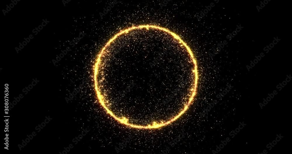 Poster gold glitter circle of light shine sparkles and golden spark particles in circle frame on black back
