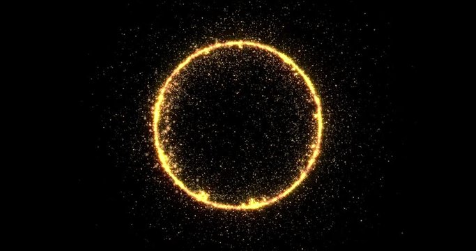 Gold glitter circle of light shine sparkles and golden spark particles in circle frame on black background. Christmas magic stars glow, firework confetti of glittery ring shimmer