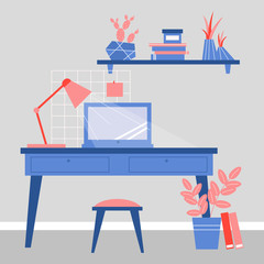 workplace for freelancer. computer desk and shelves with books. interior in pink and blue colors. vector illustration. flat style