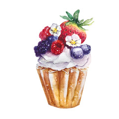 watercolor cupcake with strawberries