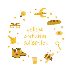 yellow autumn collection with a bee, lemon, key, eye,  boots, a light bulb, a long loaf, glasses and a leaf, moon, stars and clouds. Simple vector illustration